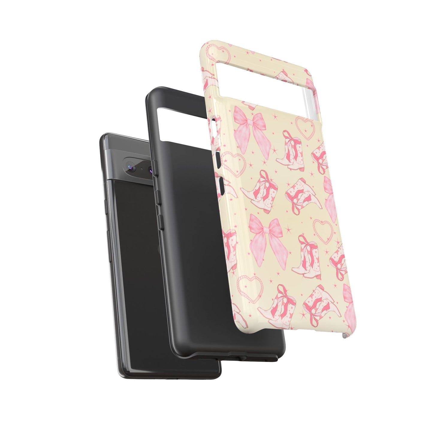 Custom Tough Protective Phone Case. Available for iPhone 8-15/X-XS, Samsung Galaxy S23-25 and Google Pixel 6-9 Coquette Pink Cowboy bow phone case