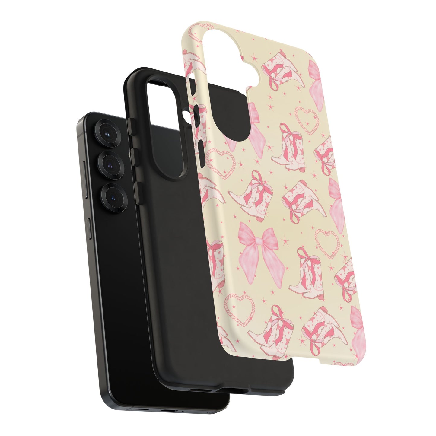 Custom Tough Protective Phone Case. Available for iPhone 8-15/X-XS, Samsung Galaxy S23-25 and Google Pixel 6-9 Coquette Pink Cowboy bow phone case