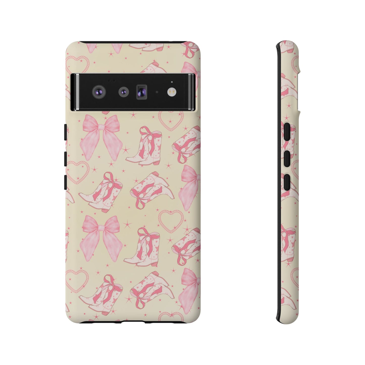 Custom Tough Protective Phone Case. Available for iPhone 8-15/X-XS, Samsung Galaxy S23-25 and Google Pixel 6-9 Coquette Pink Cowboy bow phone case