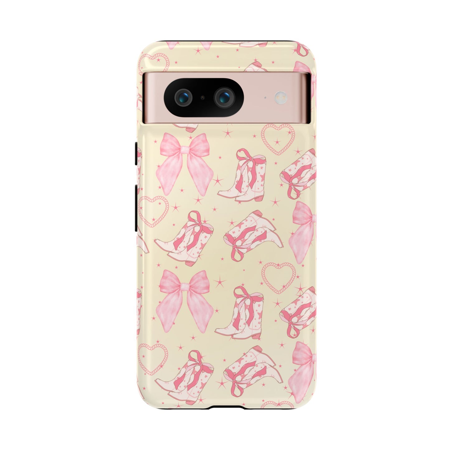 Custom Tough Protective Phone Case. Available for iPhone 8-15/X-XS, Samsung Galaxy S23-25 and Google Pixel 6-9 Coquette Pink Cowboy bow phone case