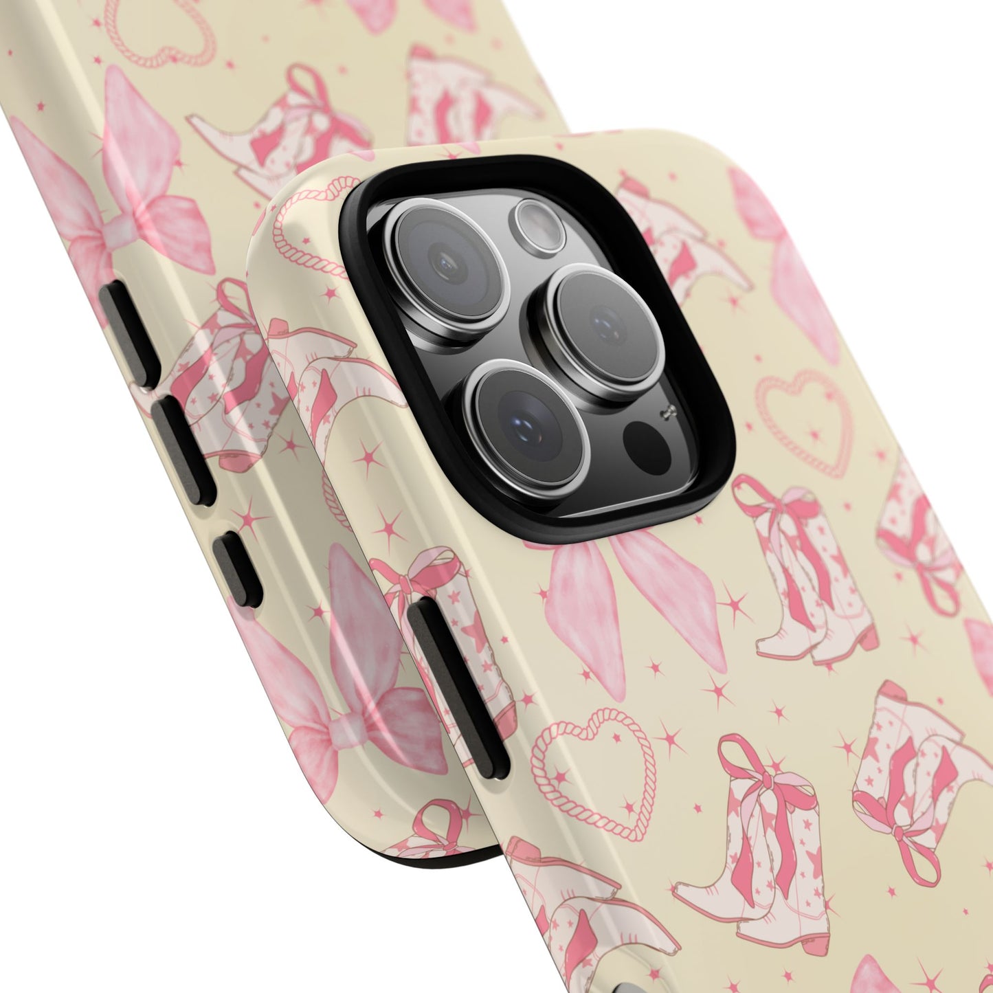 Custom Tough Protective Phone Case. Available for iPhone 8-15/X-XS, Samsung Galaxy S23-25 and Google Pixel 6-9 Coquette Pink Cowboy bow phone case