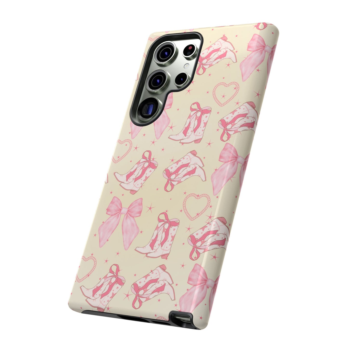 Custom Tough Protective Phone Case. Available for iPhone 8-15/X-XS, Samsung Galaxy S23-25 and Google Pixel 6-9 Coquette Pink Cowboy bow phone case