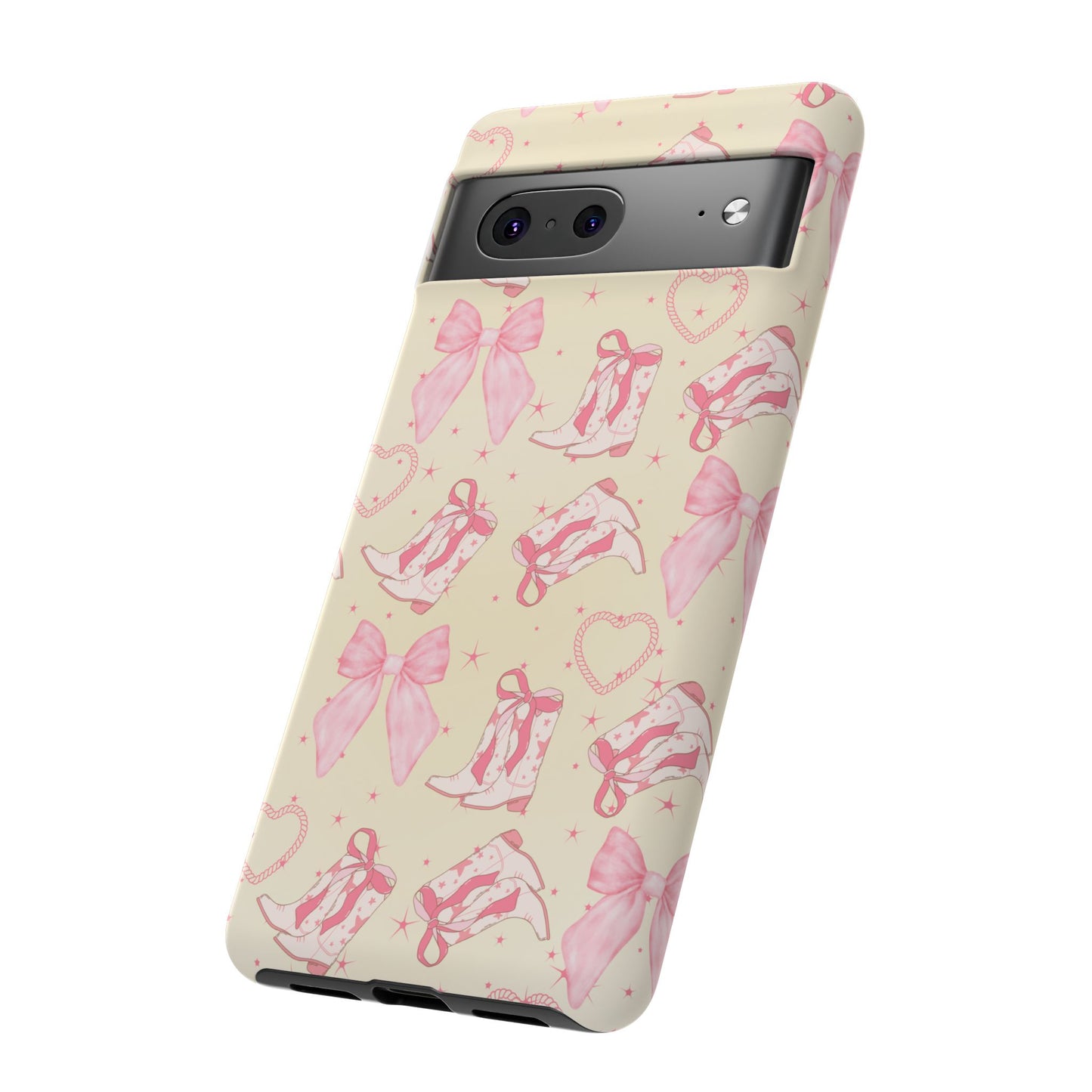 Custom Tough Protective Phone Case. Available for iPhone 8-15/X-XS, Samsung Galaxy S23-25 and Google Pixel 6-9 Coquette Pink Cowboy bow phone case