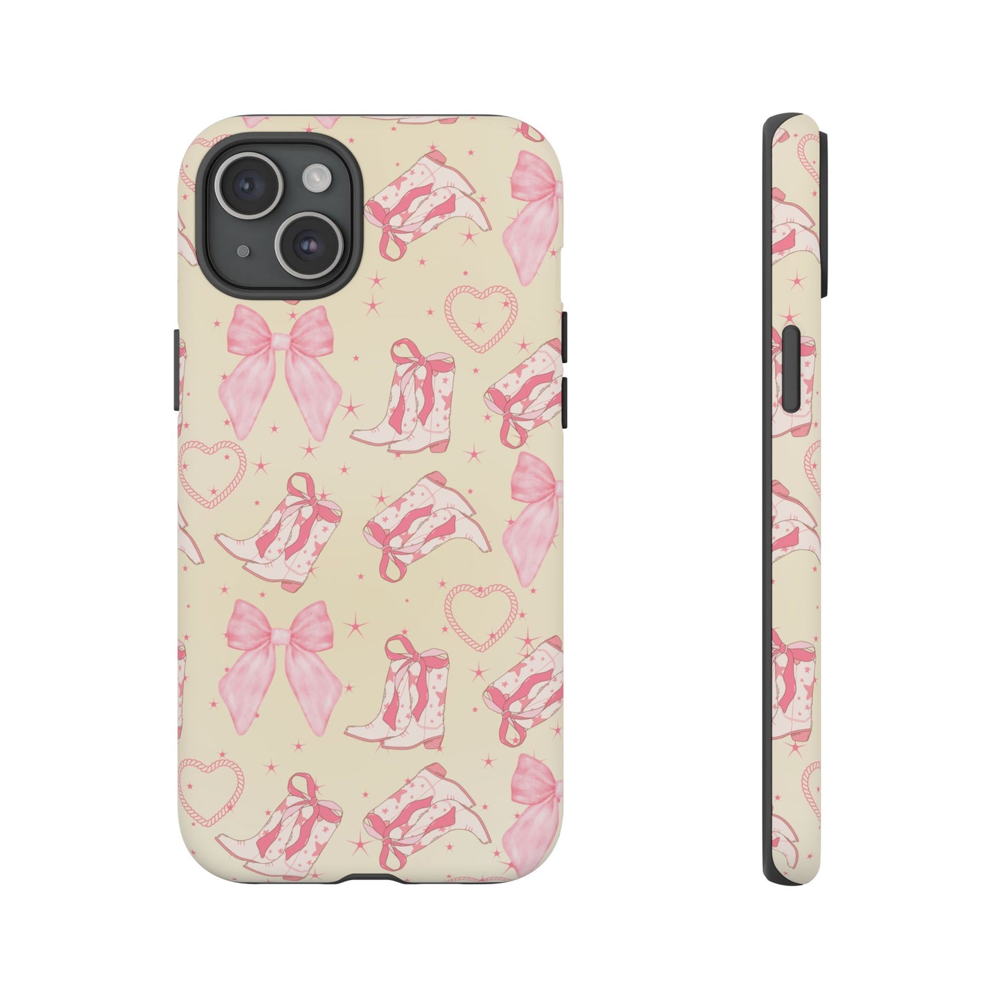 Custom Tough Protective Phone Case. Available for iPhone 8-15/X-XS, Samsung Galaxy S23-25 and Google Pixel 6-9 Coquette Pink Cowboy bow phone case