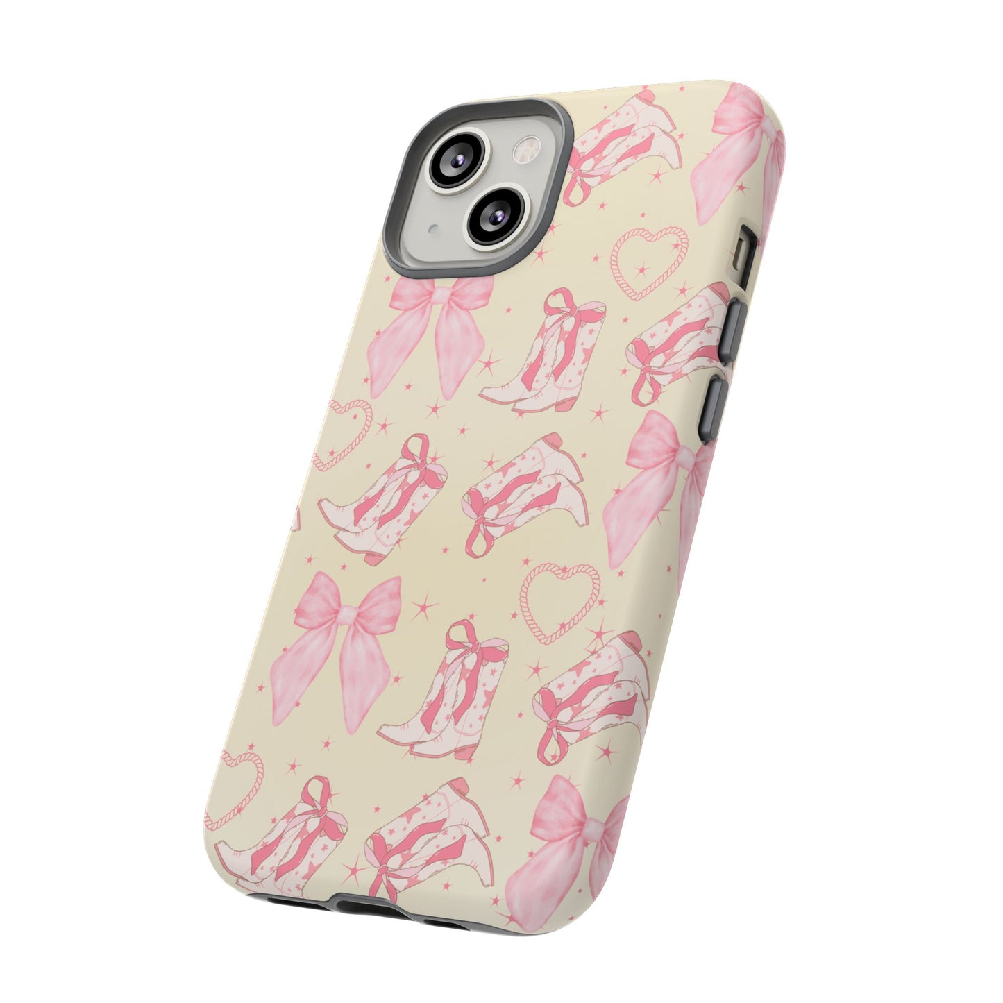 Custom Tough Protective Phone Case. Available for iPhone 8-15/X-XS, Samsung Galaxy S23-25 and Google Pixel 6-9 Coquette Pink Cowboy bow phone case