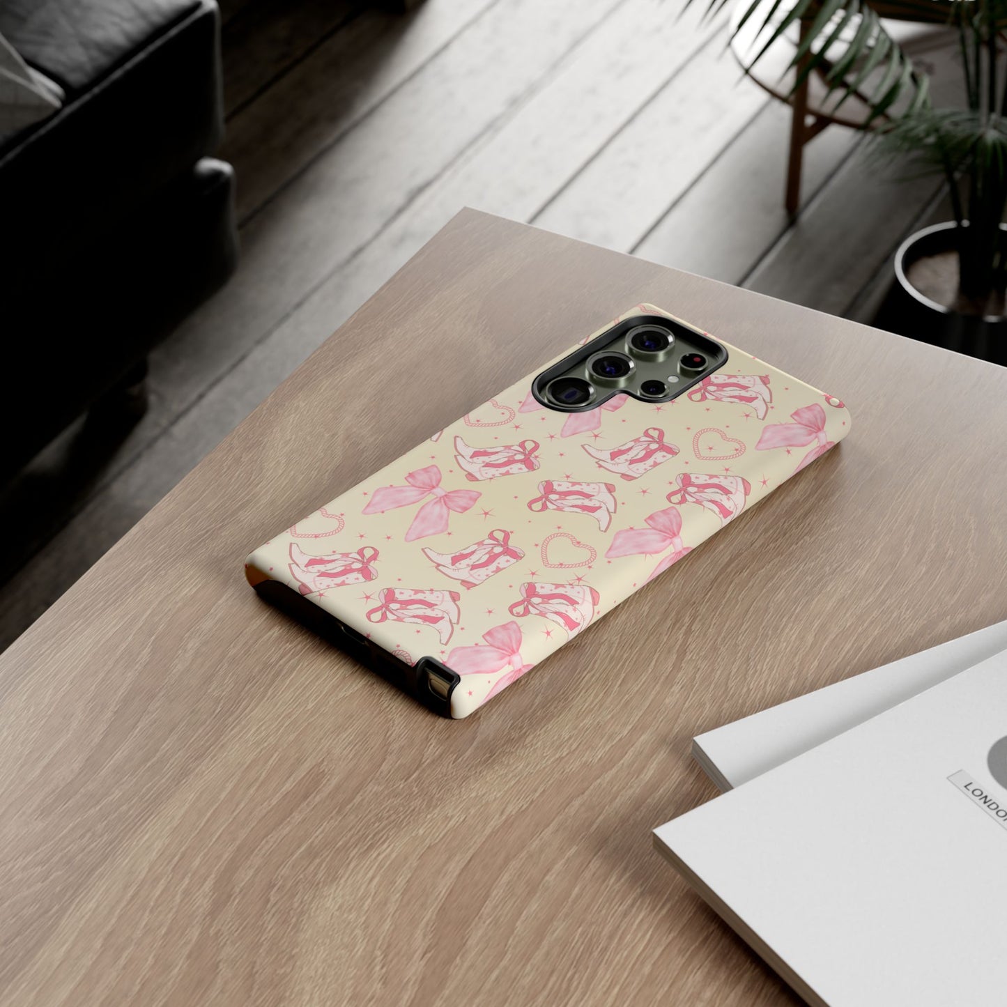 Custom Tough Protective Phone Case. Available for iPhone 8-15/X-XS, Samsung Galaxy S23-25 and Google Pixel 6-9 Coquette Pink Cowboy bow phone case