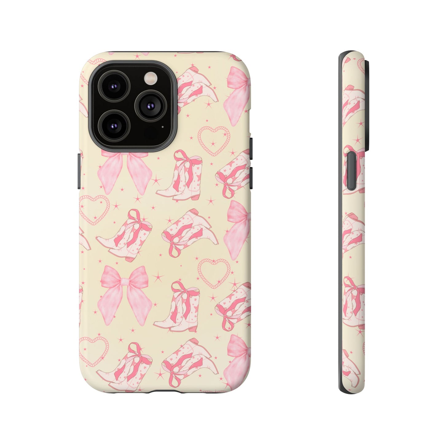 Custom Tough Protective Phone Case. Available for iPhone 8-15/X-XS, Samsung Galaxy S23-25 and Google Pixel 6-9 Coquette Pink Cowboy bow phone case