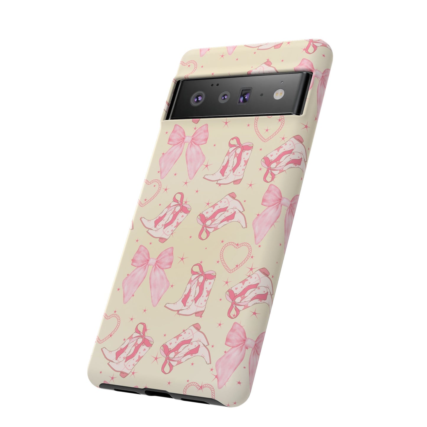 Custom Tough Protective Phone Case. Available for iPhone 8-15/X-XS, Samsung Galaxy S23-25 and Google Pixel 6-9 Coquette Pink Cowboy bow phone case