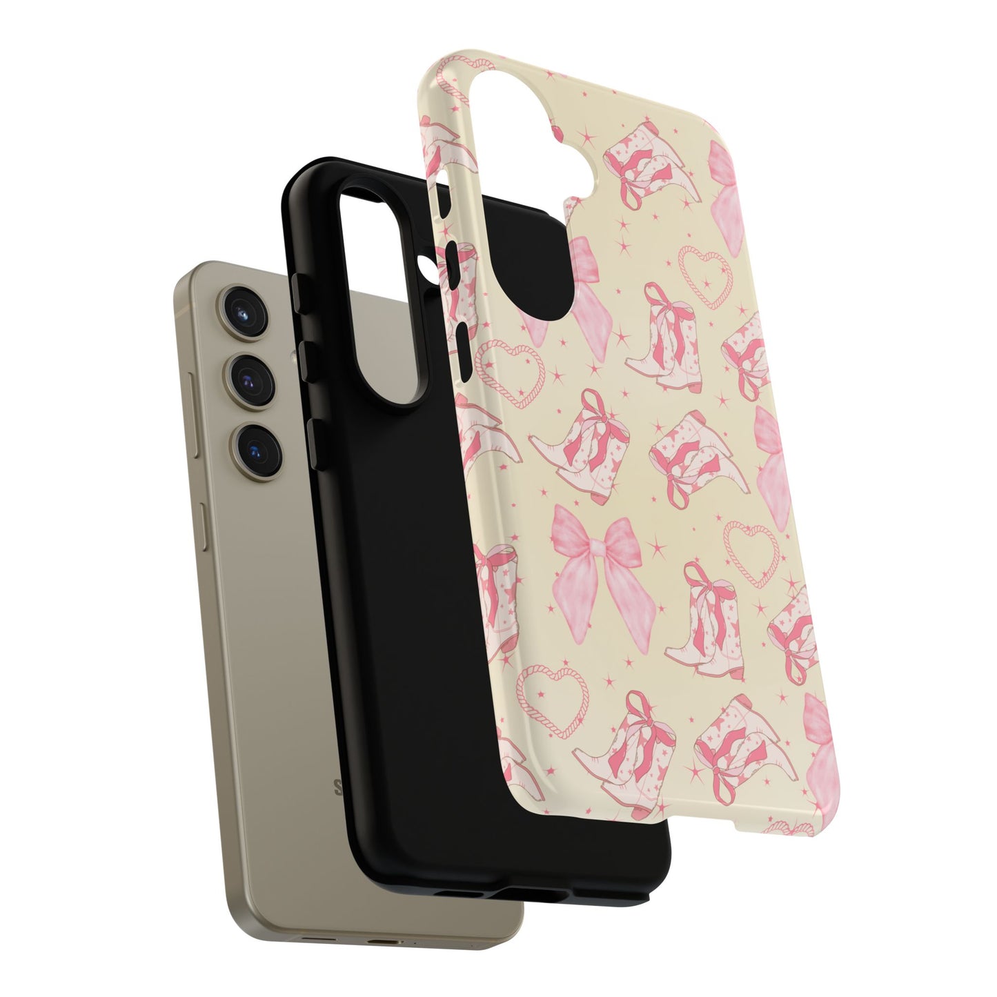 Custom Tough Protective Phone Case. Available for iPhone 8-15/X-XS, Samsung Galaxy S23-25 and Google Pixel 6-9 Coquette Pink Cowboy bow phone case