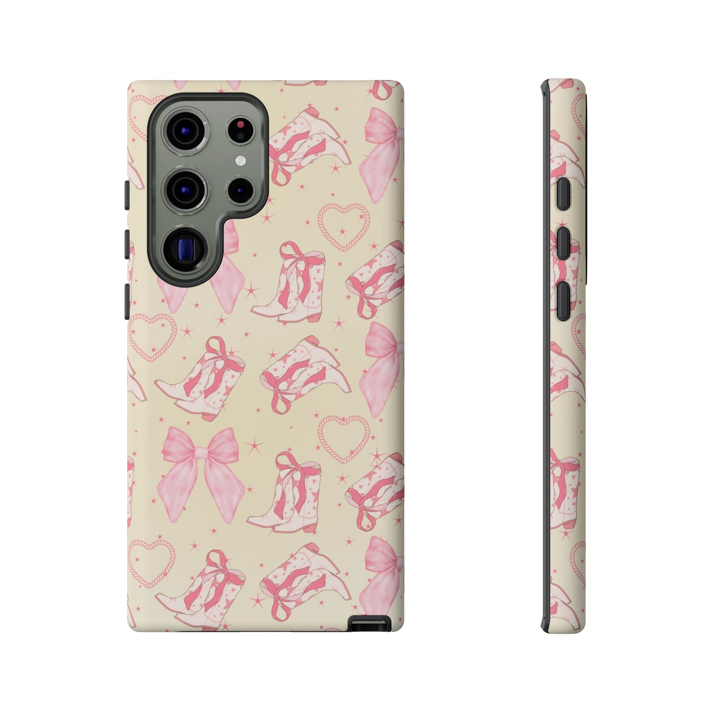 Custom Tough Protective Phone Case. Available for iPhone 8-15/X-XS, Samsung Galaxy S23-25 and Google Pixel 6-9 Coquette Pink Cowboy bow phone case