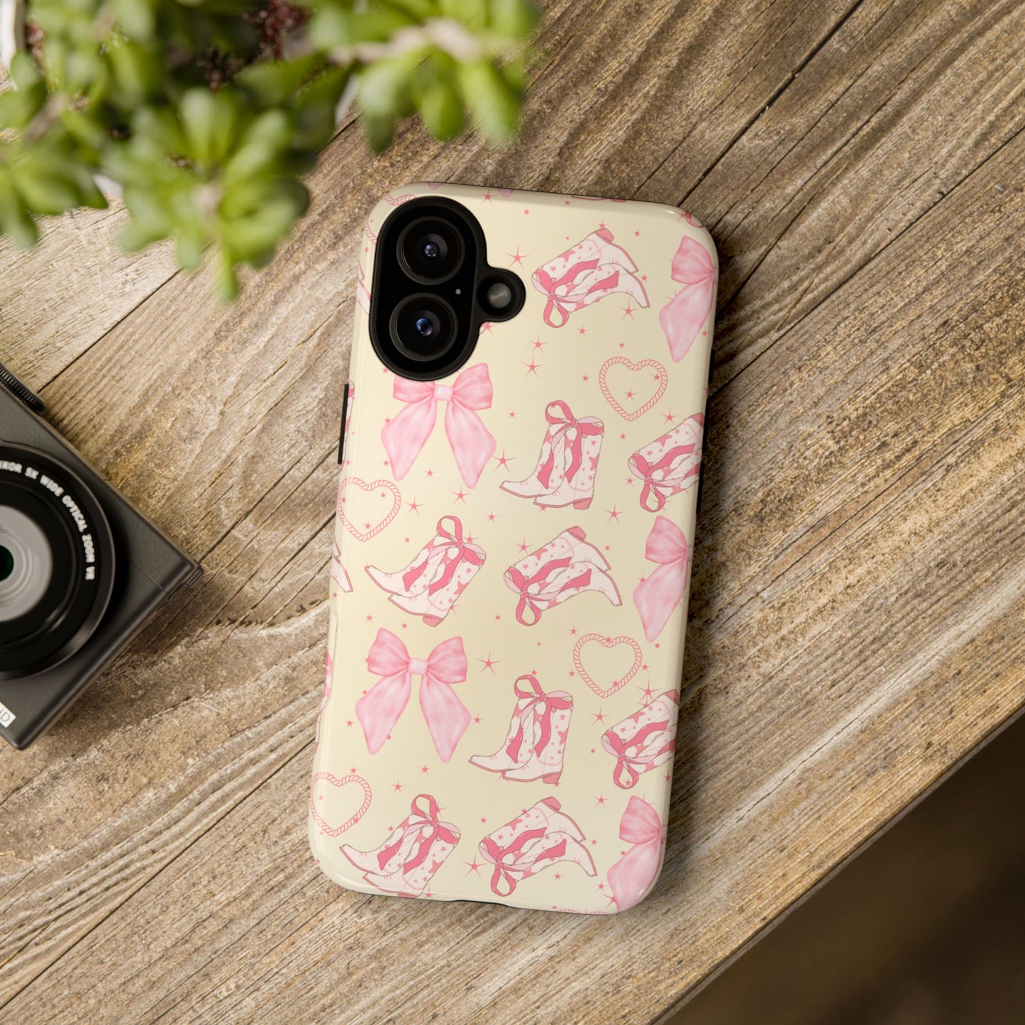 Custom Tough Protective Phone Case. Available for iPhone 8-15/X-XS, Samsung Galaxy S23-25 and Google Pixel 6-9 Coquette Pink Cowboy bow phone case