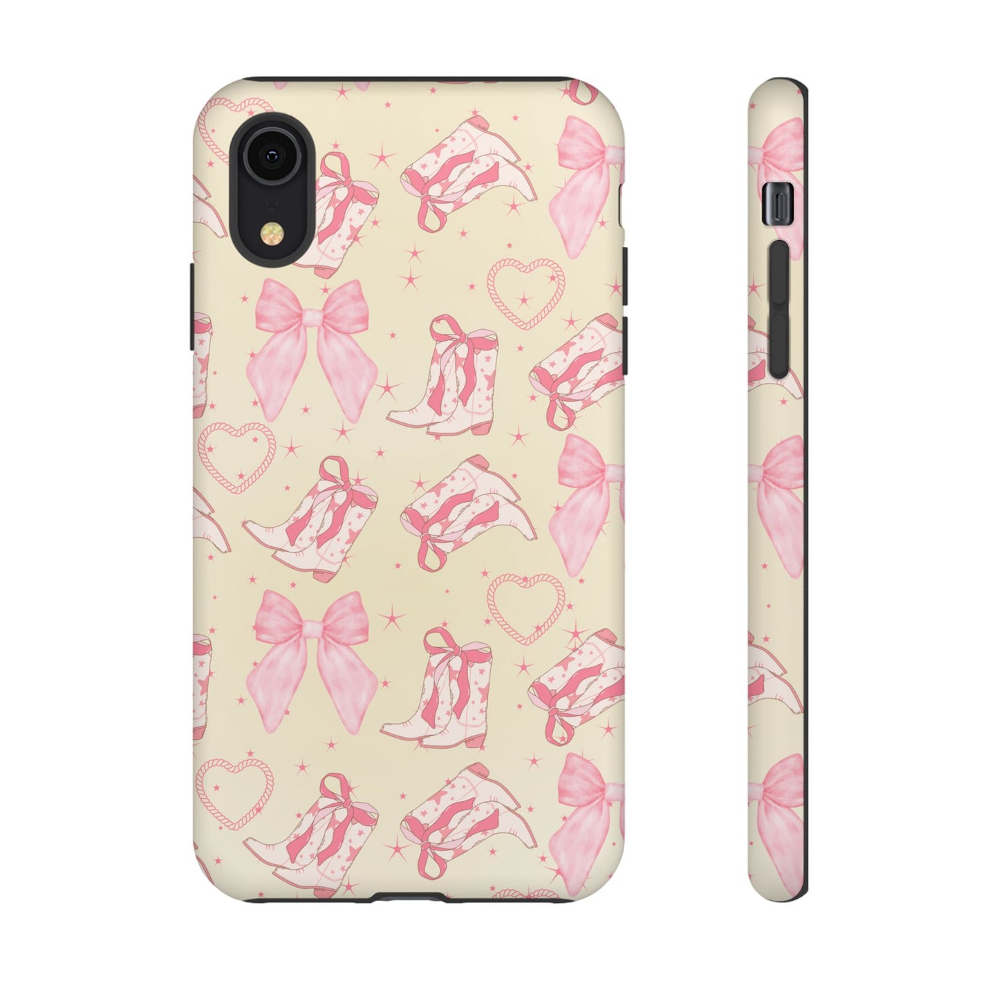 Custom Tough Protective Phone Case. Available for iPhone 8-15/X-XS, Samsung Galaxy S23-25 and Google Pixel 6-9 Coquette Pink Cowboy bow phone case