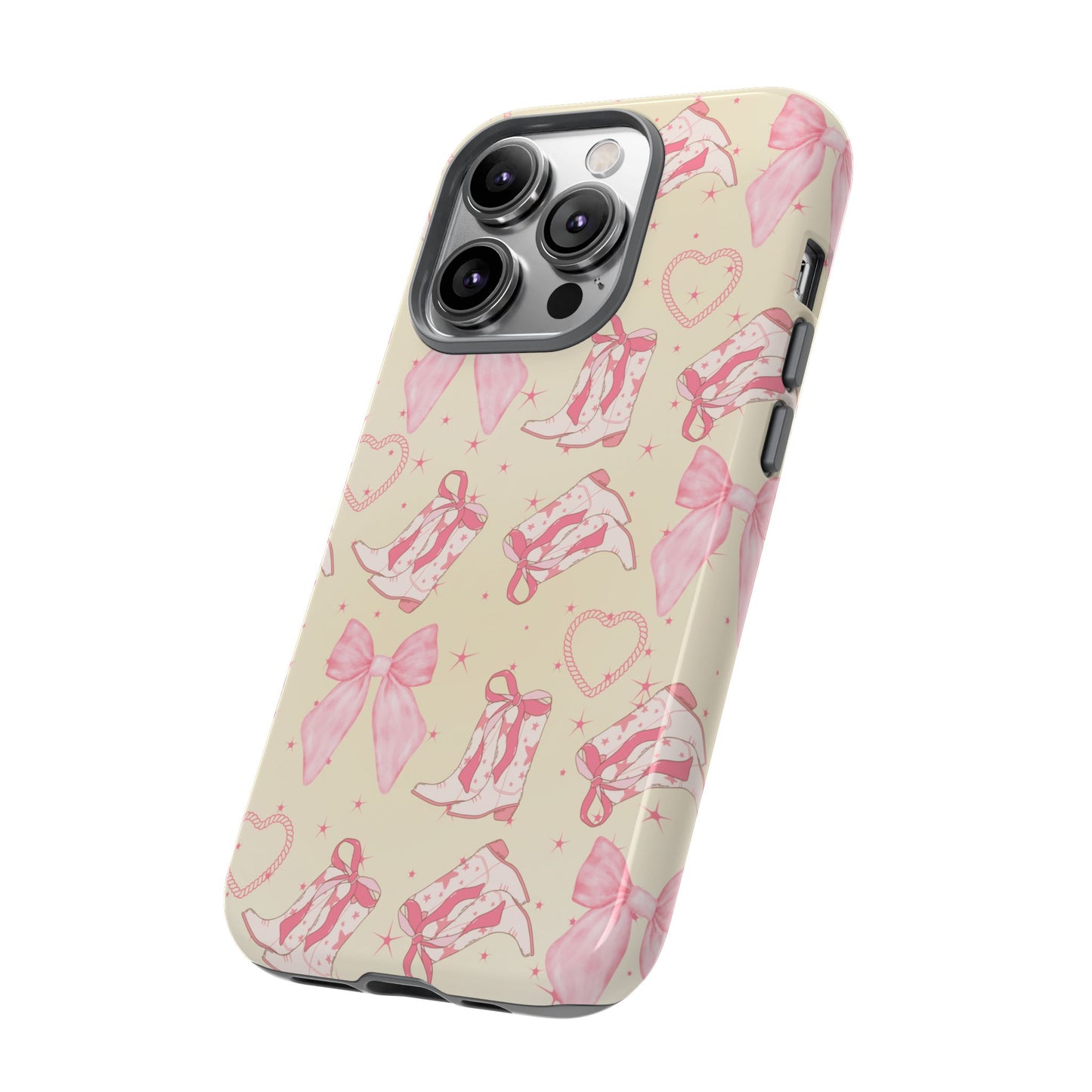 Custom Tough Protective Phone Case. Available for iPhone 8-15/X-XS, Samsung Galaxy S23-25 and Google Pixel 6-9 Coquette Pink Cowboy bow phone case