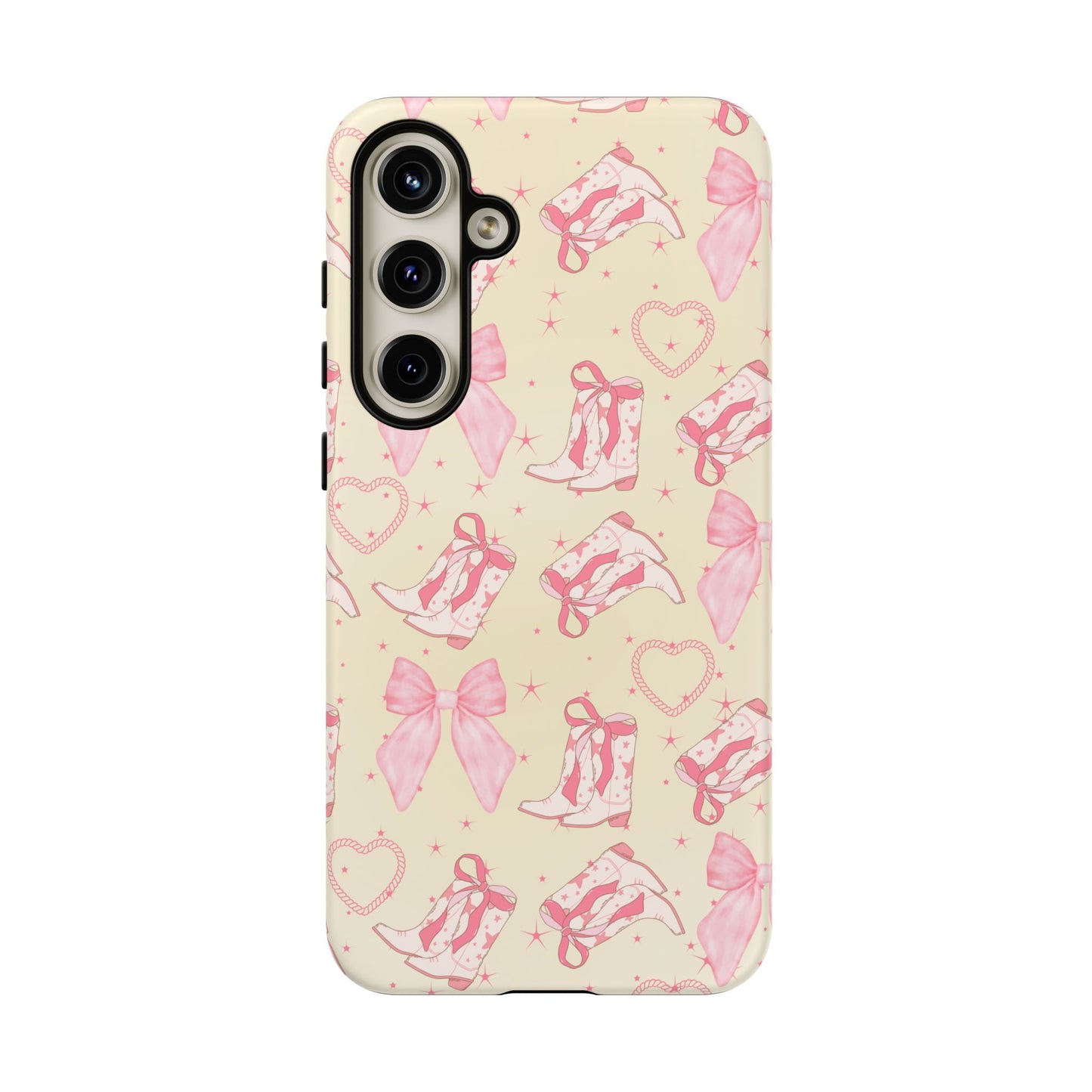 Custom Tough Protective Phone Case. Available for iPhone 8-15/X-XS, Samsung Galaxy S23-25 and Google Pixel 6-9 Coquette Pink Cowboy bow phone case