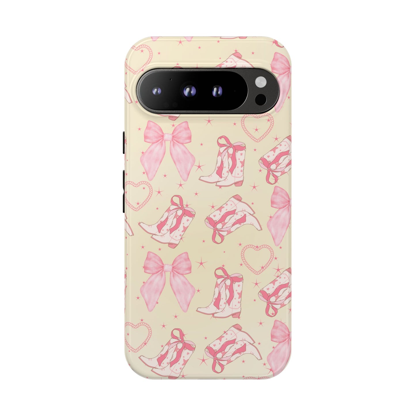 Custom Tough Protective Phone Case. Available for iPhone 8-15/X-XS, Samsung Galaxy S23-25 and Google Pixel 6-9 Coquette Pink Cowboy bow phone case