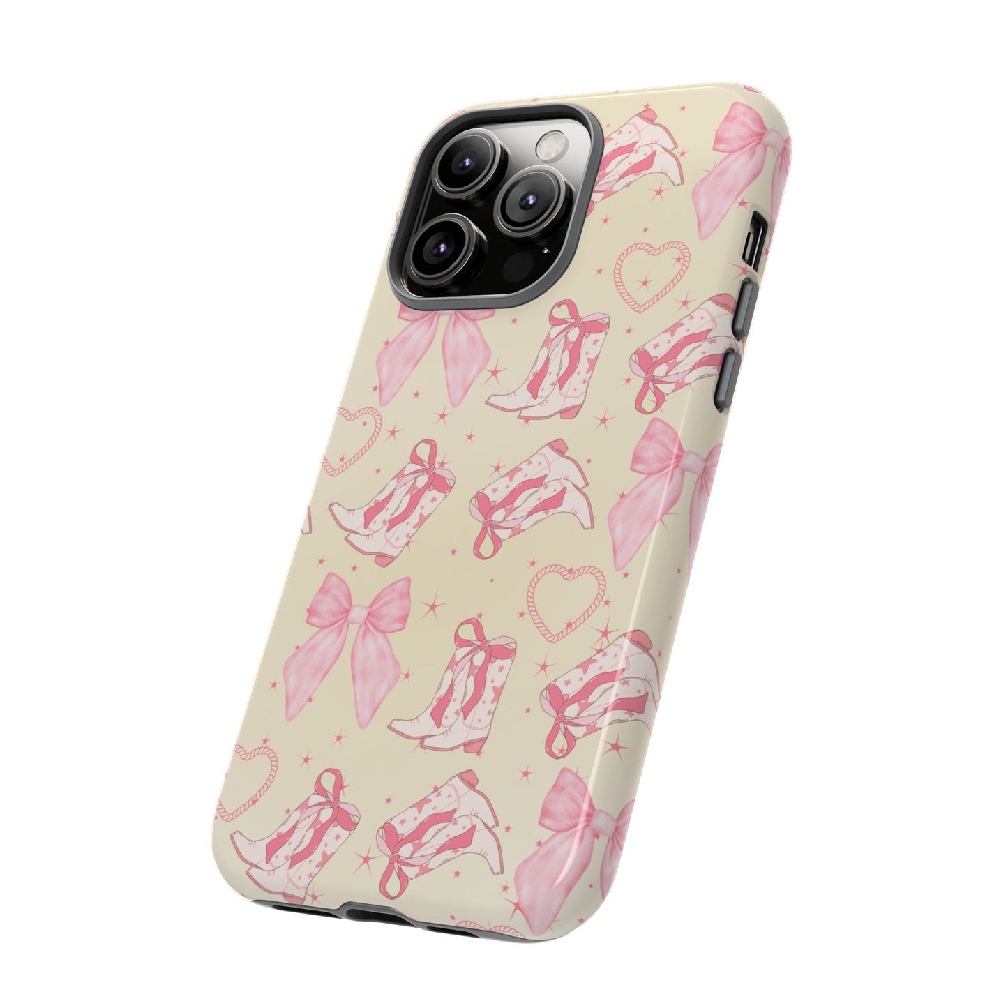 Custom Tough Protective Phone Case. Available for iPhone 8-15/X-XS, Samsung Galaxy S23-25 and Google Pixel 6-9 Coquette Pink Cowboy bow phone case