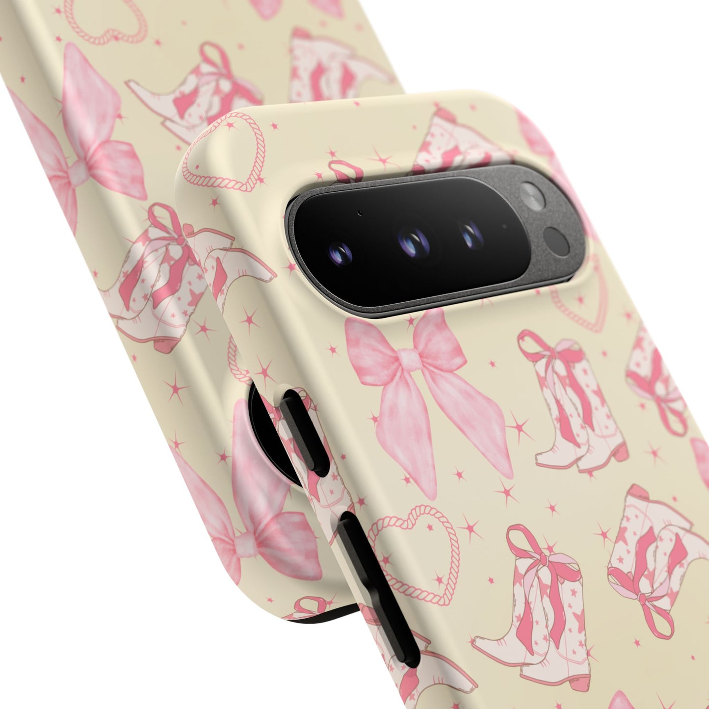 Custom Tough Protective Phone Case. Available for iPhone 8-15/X-XS, Samsung Galaxy S23-25 and Google Pixel 6-9 Coquette Pink Cowboy bow phone case