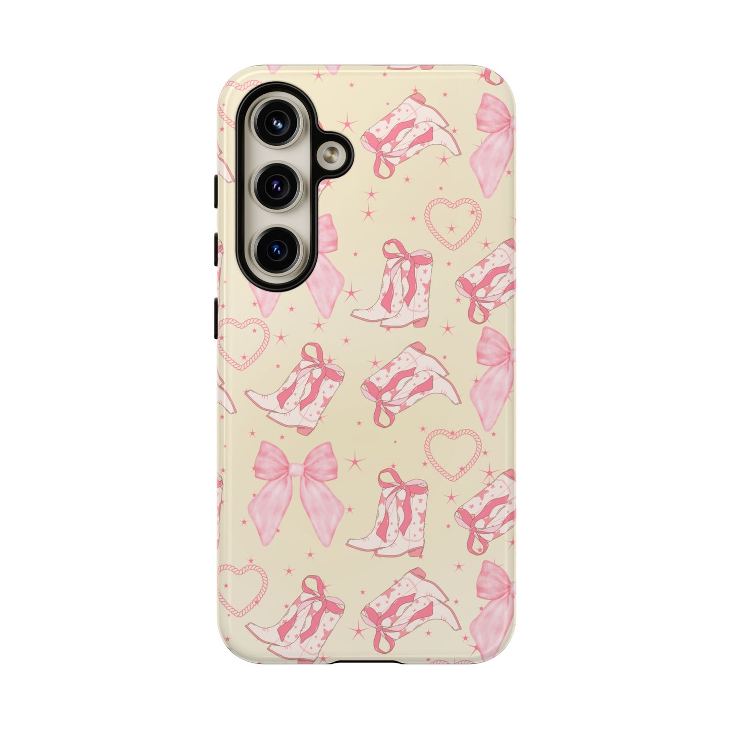 Custom Tough Protective Phone Case. Available for iPhone 8-15/X-XS, Samsung Galaxy S23-25 and Google Pixel 6-9 Coquette Pink Cowboy bow phone case