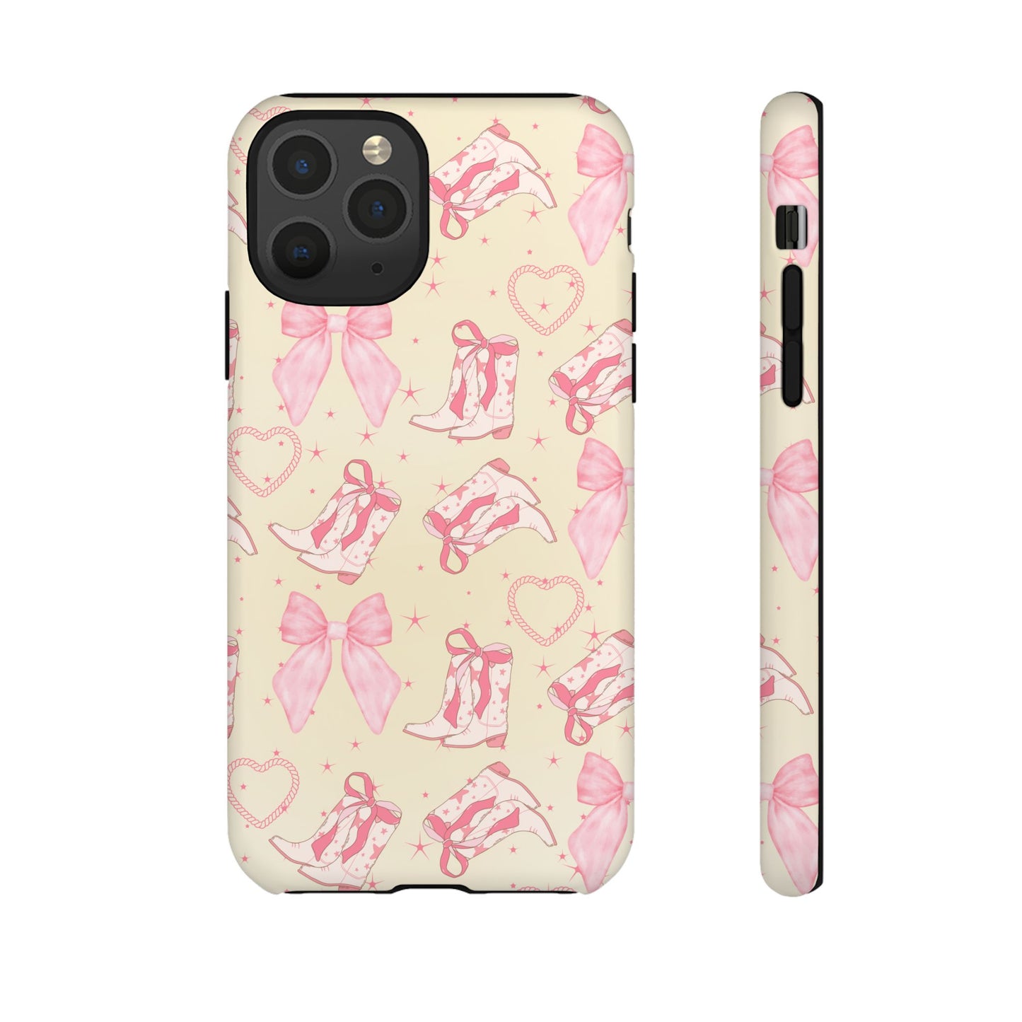 Custom Tough Protective Phone Case. Available for iPhone 8-15/X-XS, Samsung Galaxy S23-25 and Google Pixel 6-9 Coquette Pink Cowboy bow phone case