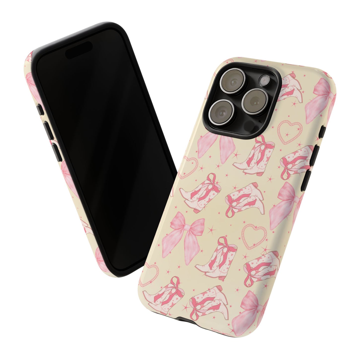 Custom Tough Protective Phone Case. Available for iPhone 8-15/X-XS, Samsung Galaxy S23-25 and Google Pixel 6-9 Coquette Pink Cowboy bow phone case
