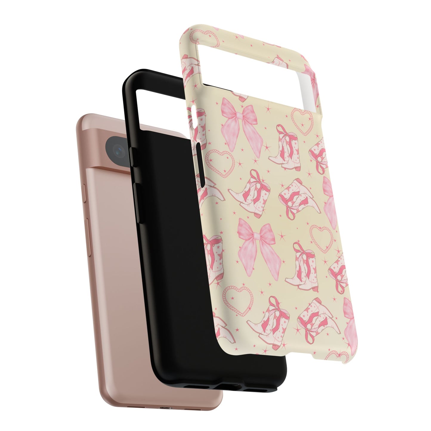 Custom Tough Protective Phone Case. Available for iPhone 8-15/X-XS, Samsung Galaxy S23-25 and Google Pixel 6-9 Coquette Pink Cowboy bow phone case