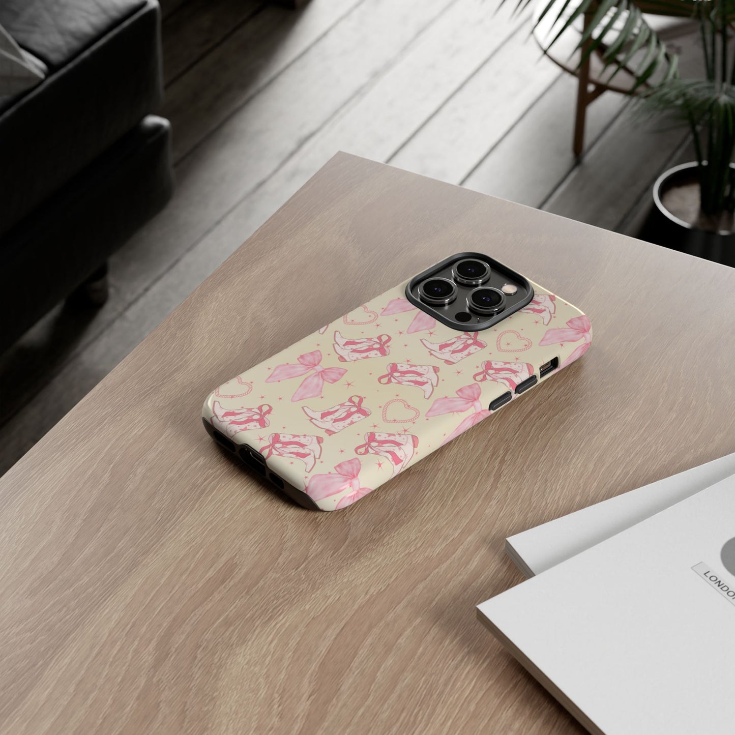 Custom Tough Protective Phone Case. Available for iPhone 8-15/X-XS, Samsung Galaxy S23-25 and Google Pixel 6-9 Coquette Pink Cowboy bow phone case