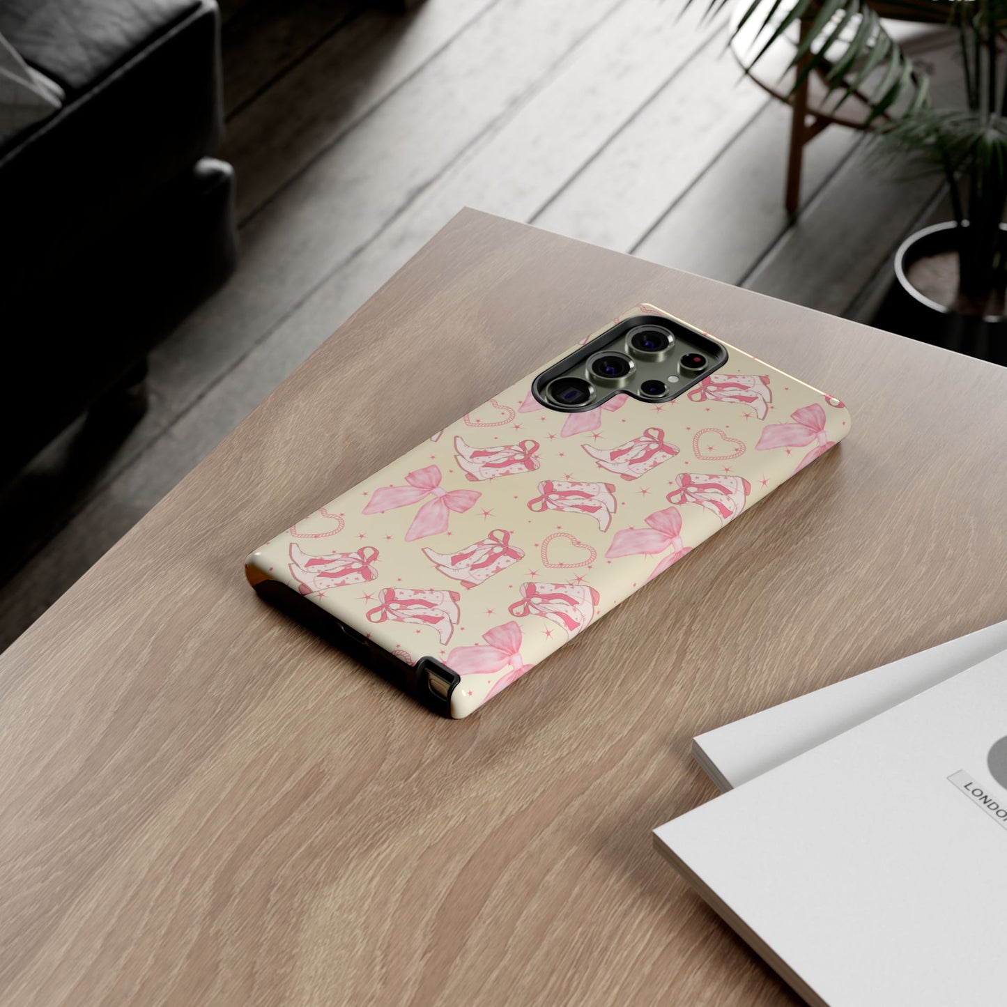 Custom Tough Protective Phone Case. Available for iPhone 8-15/X-XS, Samsung Galaxy S23-25 and Google Pixel 6-9 Coquette Pink Cowboy bow phone case