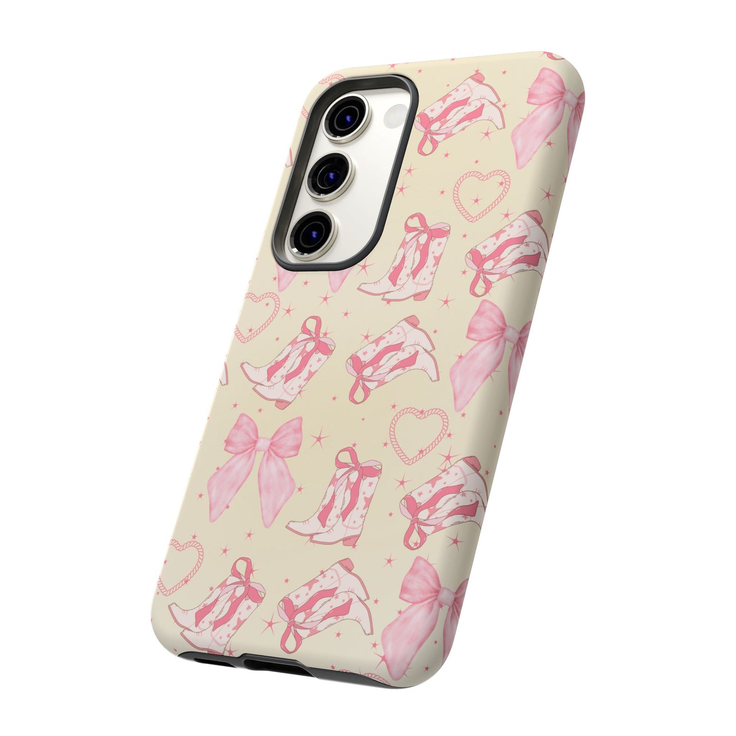 Custom Tough Protective Phone Case. Available for iPhone 8-15/X-XS, Samsung Galaxy S23-25 and Google Pixel 6-9 Coquette Pink Cowboy bow phone case