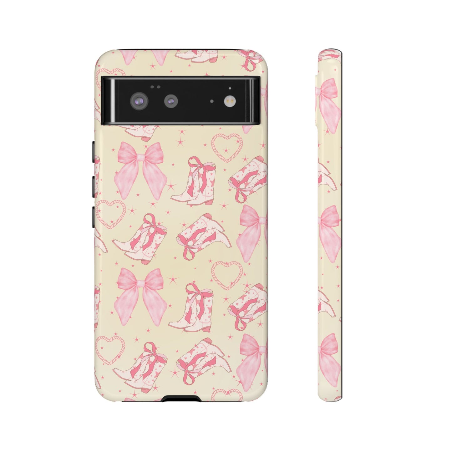 Custom Tough Protective Phone Case. Available for iPhone 8-15/X-XS, Samsung Galaxy S23-25 and Google Pixel 6-9 Coquette Pink Cowboy bow phone case