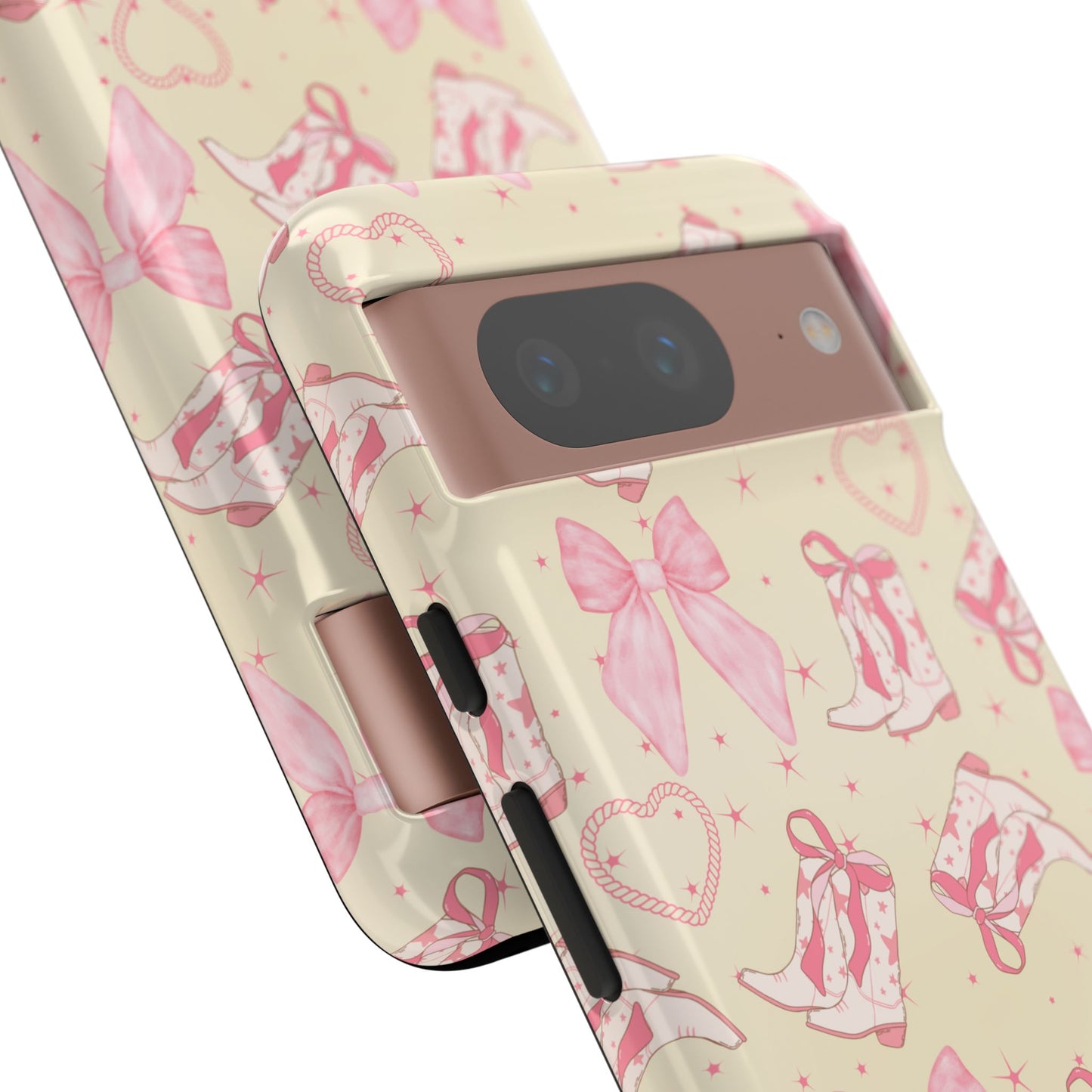 Custom Tough Protective Phone Case. Available for iPhone 8-15/X-XS, Samsung Galaxy S23-25 and Google Pixel 6-9 Coquette Pink Cowboy bow phone case