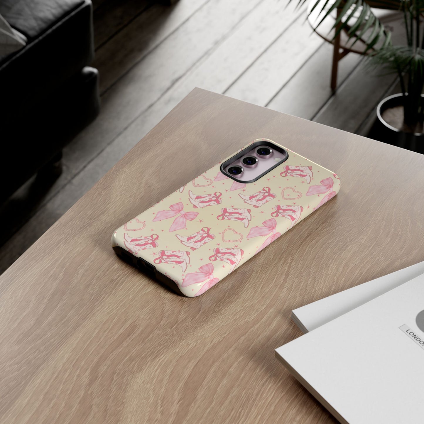 Custom Tough Protective Phone Case. Available for iPhone 8-15/X-XS, Samsung Galaxy S23-25 and Google Pixel 6-9 Coquette Pink Cowboy bow phone case