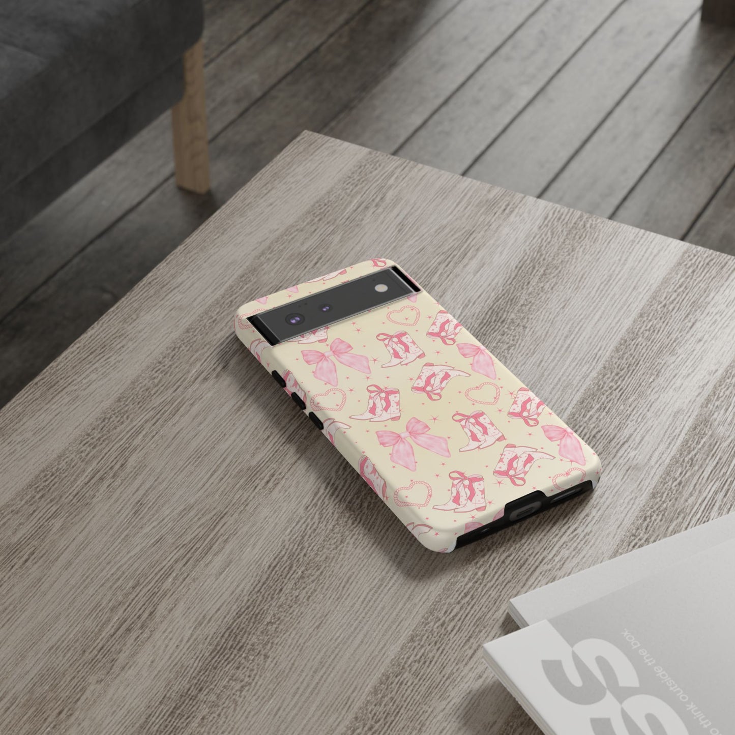 Custom Tough Protective Phone Case. Available for iPhone 8-15/X-XS, Samsung Galaxy S23-25 and Google Pixel 6-9 Coquette Pink Cowboy bow phone case