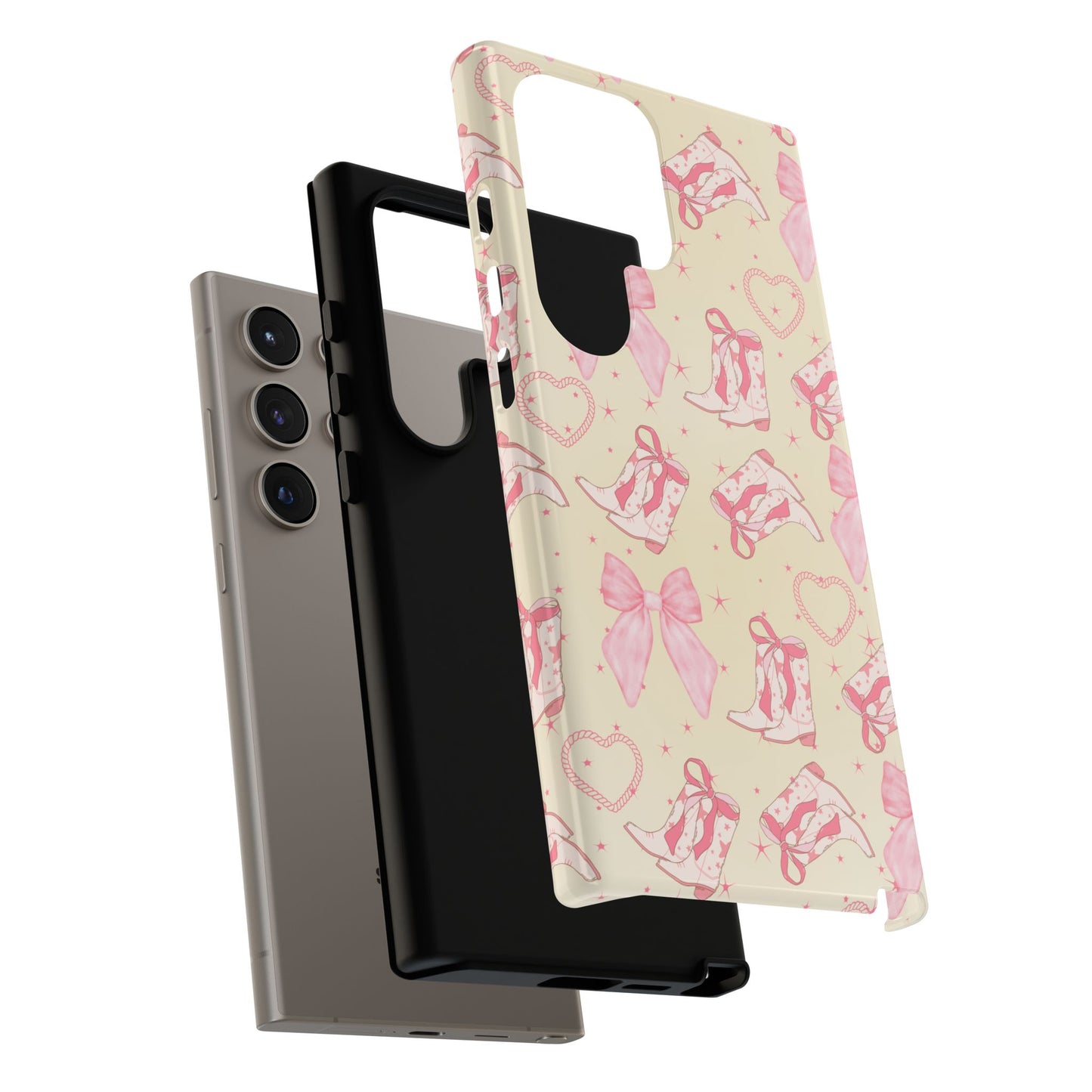 Custom Tough Protective Phone Case. Available for iPhone 8-15/X-XS, Samsung Galaxy S23-25 and Google Pixel 6-9 Coquette Pink Cowboy bow phone case