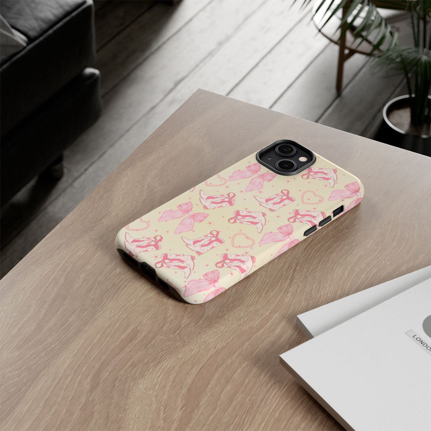 Custom Tough Protective Phone Case. Available for iPhone 8-15/X-XS, Samsung Galaxy S23-25 and Google Pixel 6-9 Coquette Pink Cowboy bow phone case