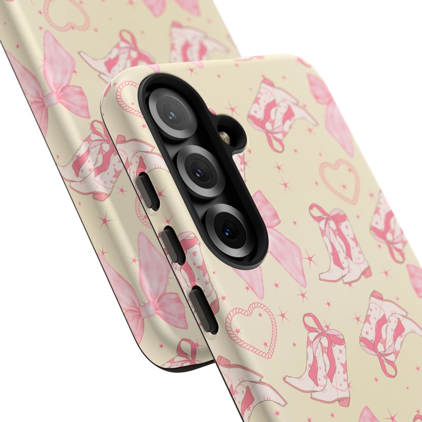 Custom Tough Protective Phone Case. Available for iPhone 8-15/X-XS, Samsung Galaxy S23-25 and Google Pixel 6-9 Coquette Pink Cowboy bow phone case