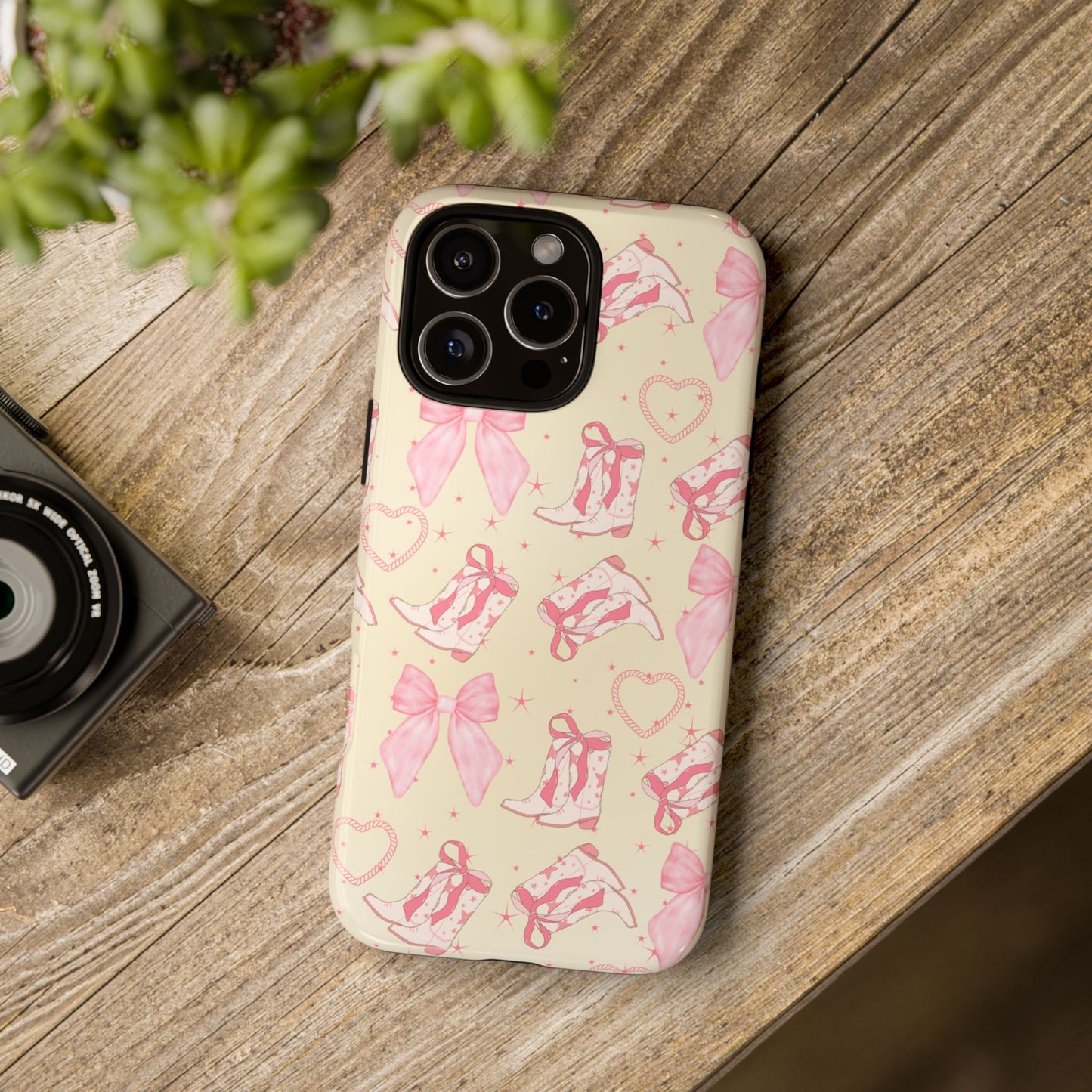 Custom Tough Protective Phone Case. Available for iPhone 8-15/X-XS, Samsung Galaxy S23-25 and Google Pixel 6-9 Coquette Pink Cowboy bow phone case