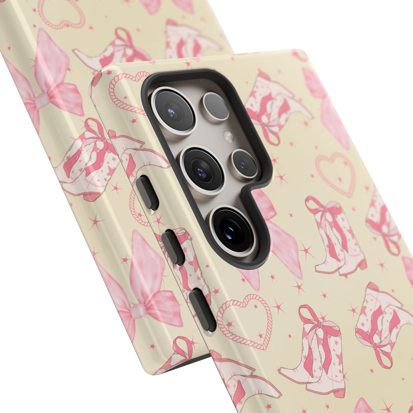 Custom Tough Protective Phone Case. Available for iPhone 8-15/X-XS, Samsung Galaxy S23-25 and Google Pixel 6-9 Coquette Pink Cowboy bow phone case
