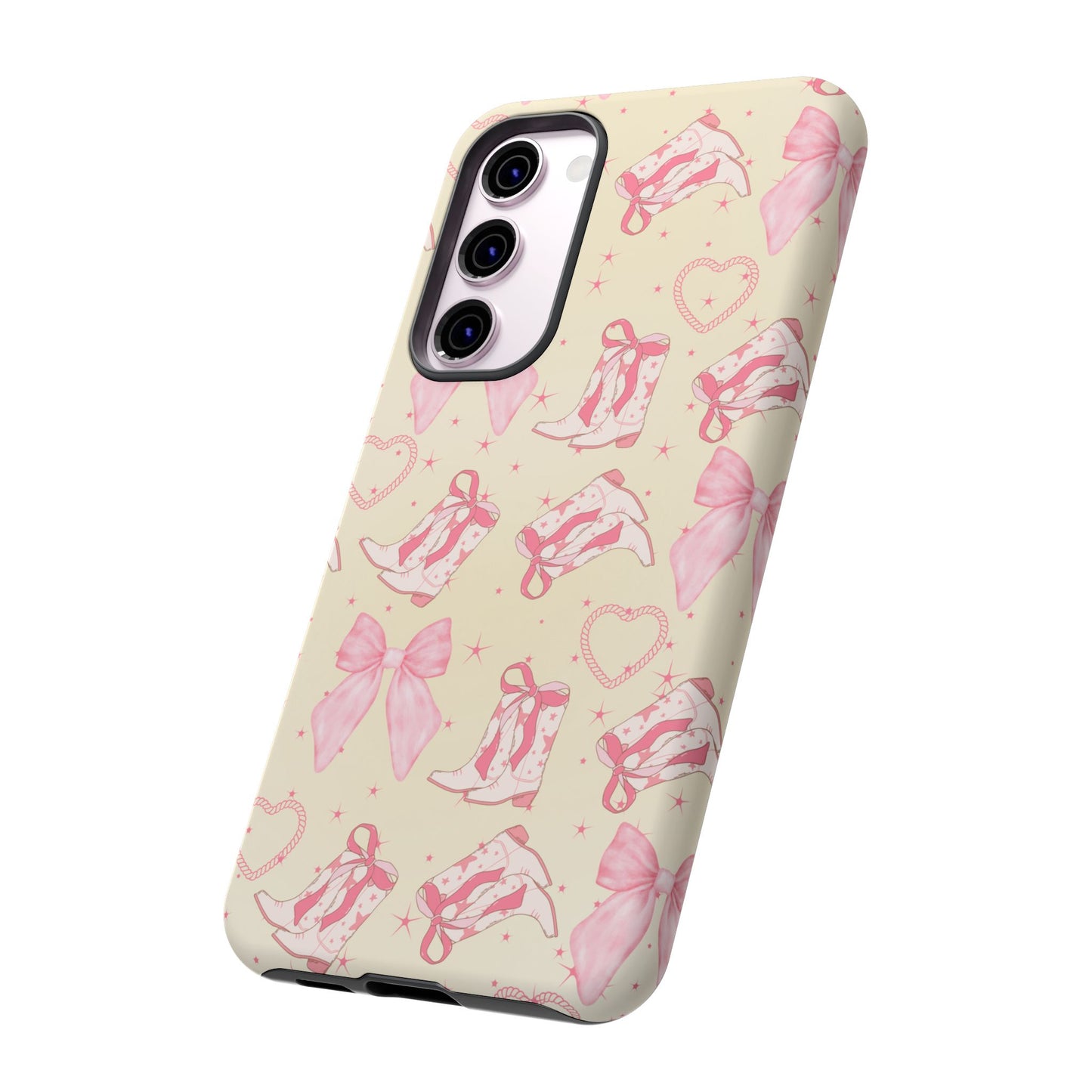 Custom Tough Protective Phone Case. Available for iPhone 8-15/X-XS, Samsung Galaxy S23-25 and Google Pixel 6-9 Coquette Pink Cowboy bow phone case