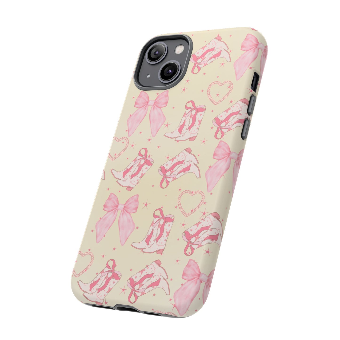 Custom Tough Protective Phone Case. Available for iPhone 8-15/X-XS, Samsung Galaxy S23-25 and Google Pixel 6-9 Coquette Pink Cowboy bow phone case