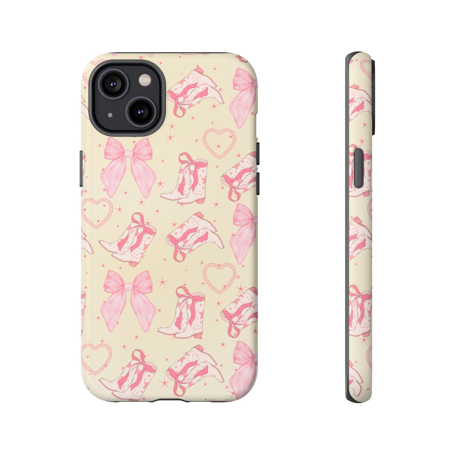 Custom Tough Protective Phone Case. Available for iPhone 8-15/X-XS, Samsung Galaxy S23-25 and Google Pixel 6-9 Coquette Pink Cowboy bow phone case