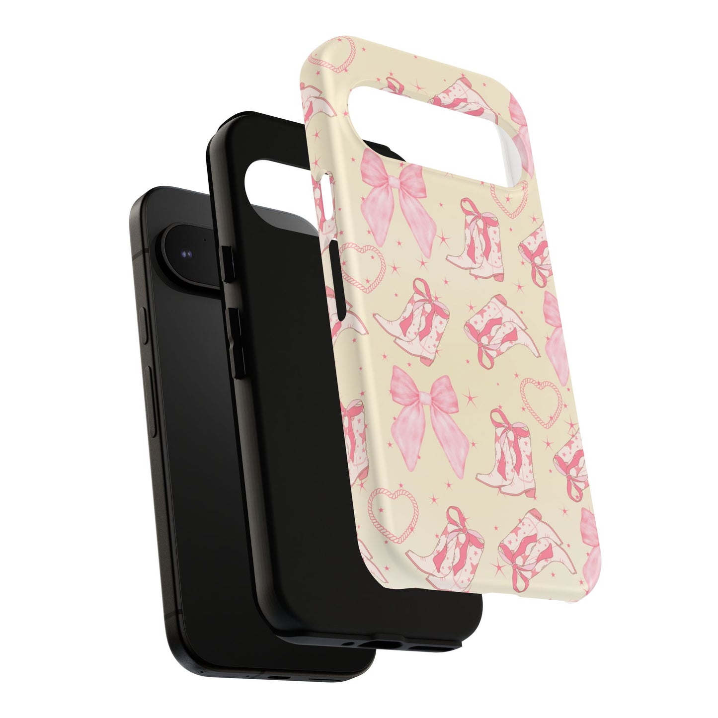 Custom Tough Protective Phone Case. Available for iPhone 8-15/X-XS, Samsung Galaxy S23-25 and Google Pixel 6-9 Coquette Pink Cowboy bow phone case