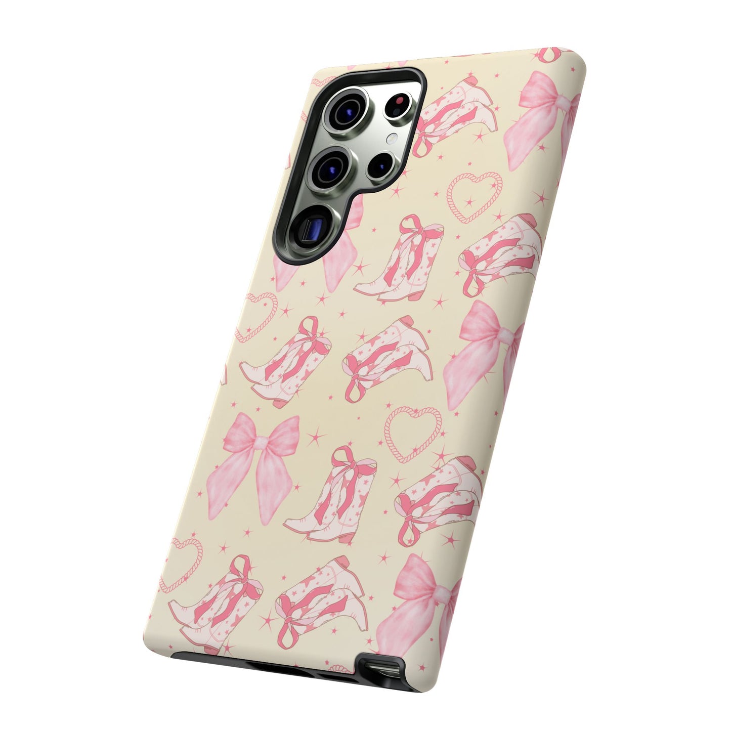 Custom Tough Protective Phone Case. Available for iPhone 8-15/X-XS, Samsung Galaxy S23-25 and Google Pixel 6-9 Coquette Pink Cowboy bow phone case