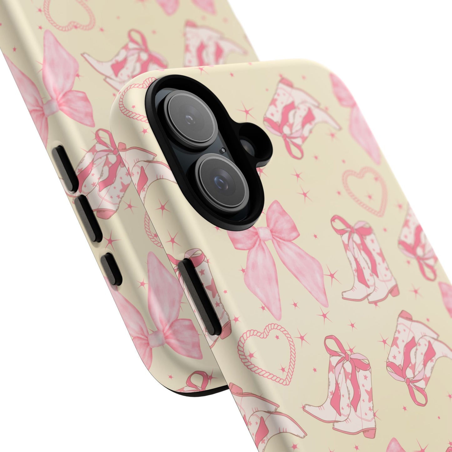 Custom Tough Protective Phone Case. Available for iPhone 8-15/X-XS, Samsung Galaxy S23-25 and Google Pixel 6-9 Coquette Pink Cowboy bow phone case