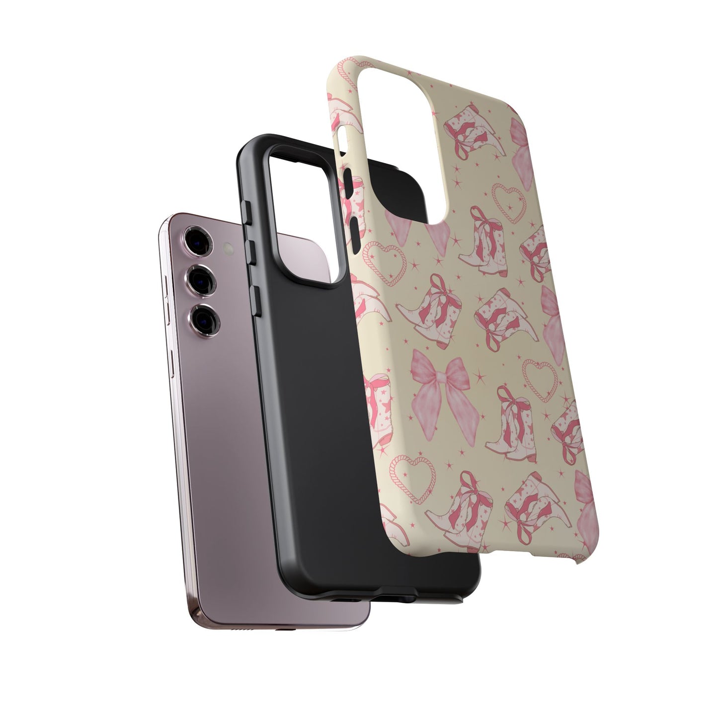 Custom Tough Protective Phone Case. Available for iPhone 8-15/X-XS, Samsung Galaxy S23-25 and Google Pixel 6-9 Coquette Pink Cowboy bow phone case