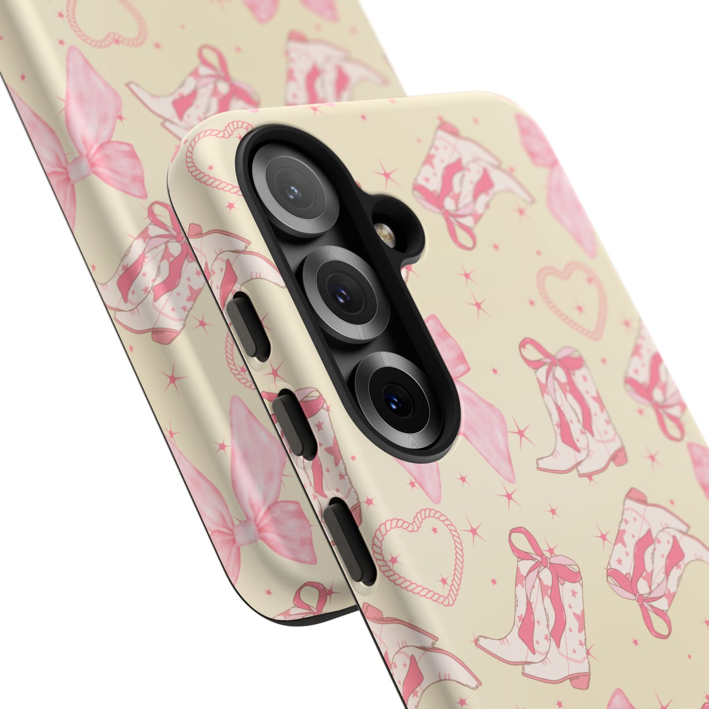 Custom Tough Protective Phone Case. Available for iPhone 8-15/X-XS, Samsung Galaxy S23-25 and Google Pixel 6-9 Coquette Pink Cowboy bow phone case