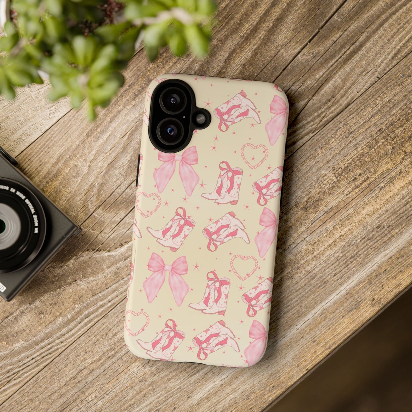 Custom Tough Protective Phone Case. Available for iPhone 8-15/X-XS, Samsung Galaxy S23-25 and Google Pixel 6-9 Coquette Pink Cowboy bow phone case