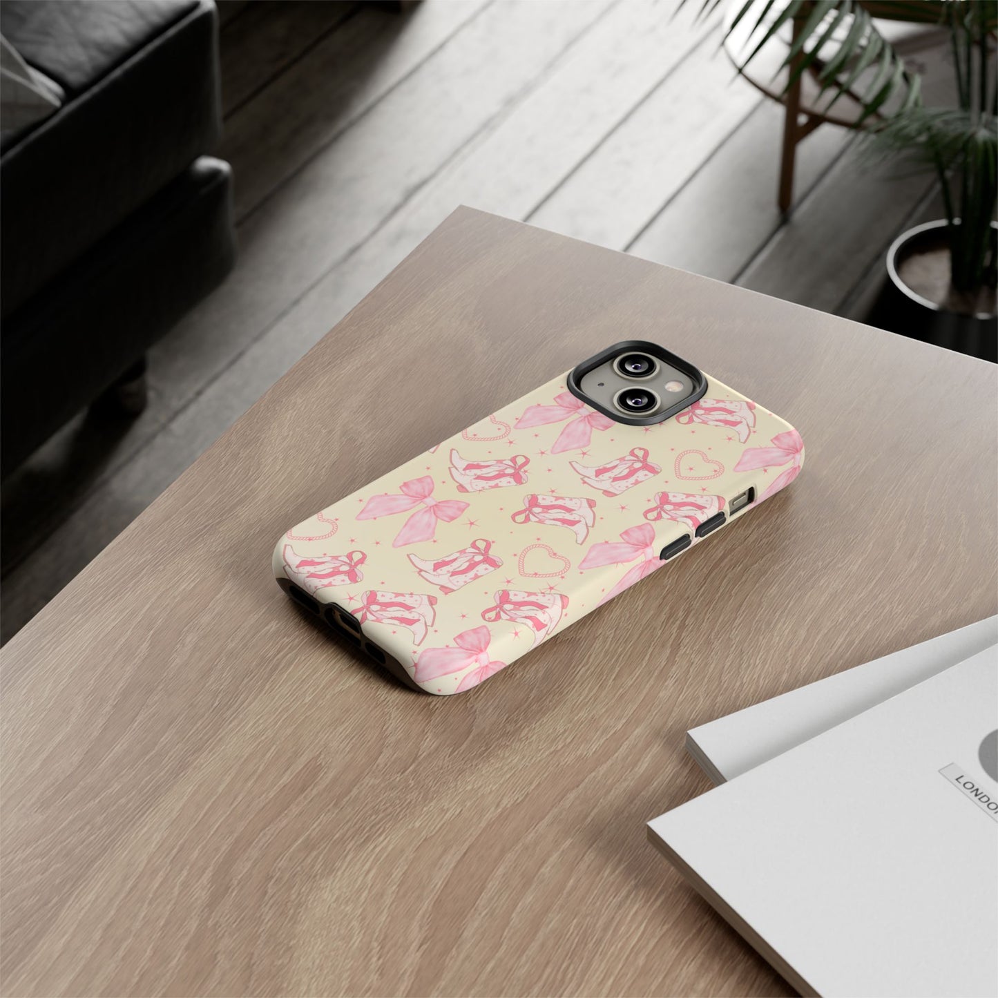 Custom Tough Protective Phone Case. Available for iPhone 8-15/X-XS, Samsung Galaxy S23-25 and Google Pixel 6-9 Coquette Pink Cowboy bow phone case