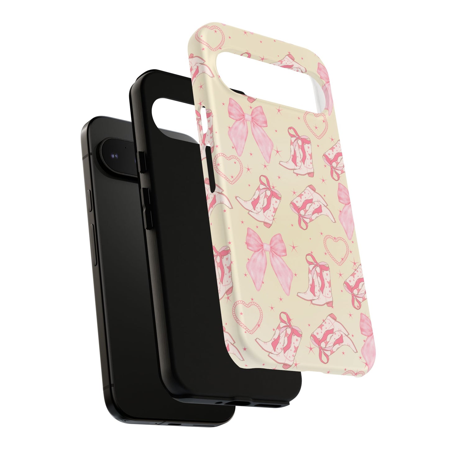 Custom Tough Protective Phone Case. Available for iPhone 8-15/X-XS, Samsung Galaxy S23-25 and Google Pixel 6-9 Coquette Pink Cowboy bow phone case