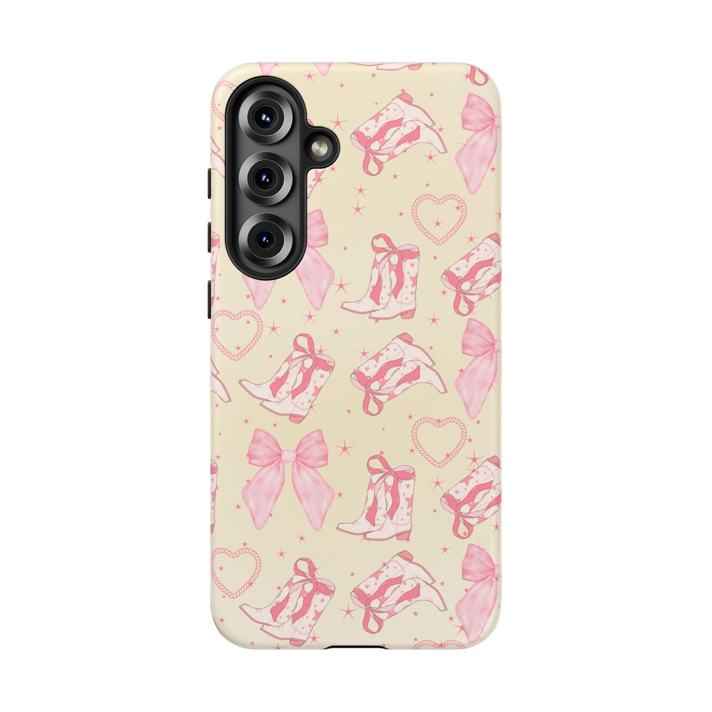Custom Tough Protective Phone Case. Available for iPhone 8-15/X-XS, Samsung Galaxy S23-25 and Google Pixel 6-9 Coquette Pink Cowboy bow phone case