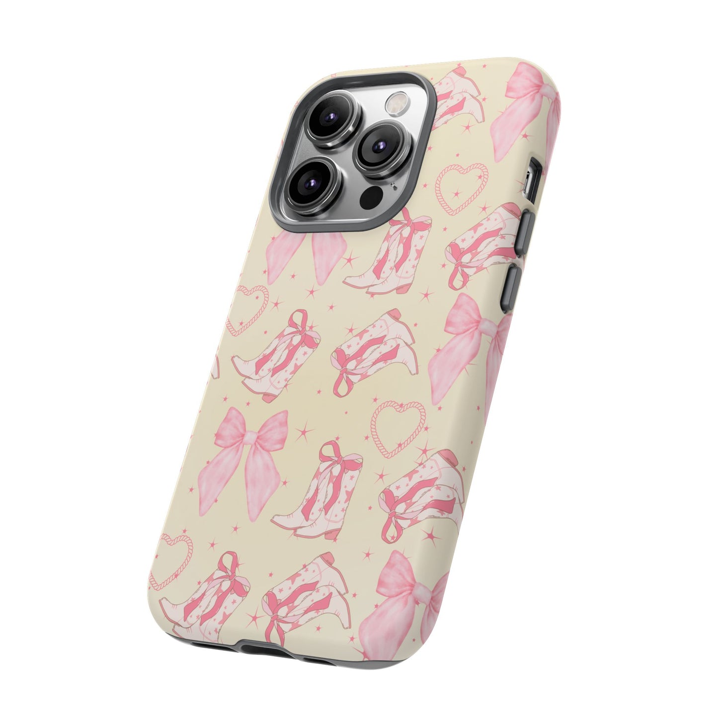 Custom Tough Protective Phone Case. Available for iPhone 8-15/X-XS, Samsung Galaxy S23-25 and Google Pixel 6-9 Coquette Pink Cowboy bow phone case